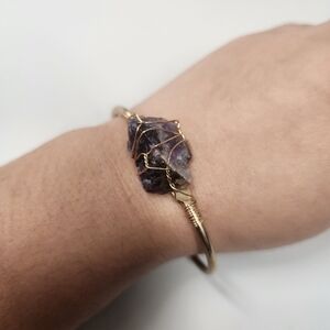 Gold Open back Bangle Raw Purple Amethyst Wire-Wrapped Bracelet